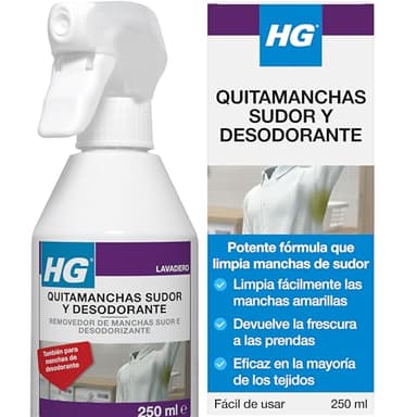HG Eliminador Manchas Sudor y Desodorante, Tratamiento Prelavado para Eliminar Manchas de Axilas en Camisetas y Camisas, Tejidos Blancos y de Color - 0,25 cl
