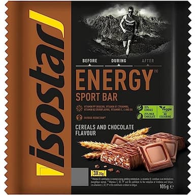 Isostar, Barritas Energy Sport con Niacina, Vitaminas B1, B2, C, E y B6. Ayudan a mantener el metabolismo energético normal y a reducir la fatiga. Sabor Chocolate, 3x40gr