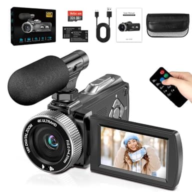 Cámara de Video 4K 48 MP, Zoom Digital 18X Videocámara, Cámara Vlog para Youtube, Cámara Vídeo con Pantalla Giratoria de 3" 270°, Tarjeta de 32 GB, 2 Baterías, Micrófono Externo y Control Remoto