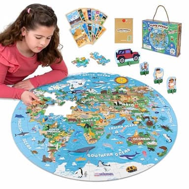 BONNYCO Puzzle XXL Mapa Mundi Niños con 70 Piezas Grandes. Rompecabezas Redondo con Animales, 58 x 58 cm, 15 Tarjetas, 4 Figuras y Guía. Juegos Educativos, Regalos, Juguetes Niños 4 Años