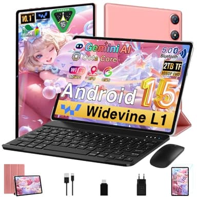 Tablet Android 15 10 Pulgadas Gemini AI, 64GB ROM + 2TB TF, Octa-Core, 5G WiFi, Widevine L1, GMS, Bluetooth 5.0, 5MP + 8MP, 3.5mm Audio, 1280*800 FHD IPS, Tablet con Teclado + Ratón + Protectora, Rose