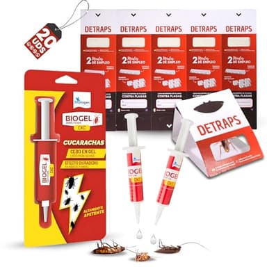 DETRAPS Solución Total contra Cucarachas – Gel Mata Cucarachas + Trampas Sin Veneno – Atrapa y Elimina Desde el Nido – Seguro, Sin Biocidas ni Olores (20 Trampas + 2 Gel)