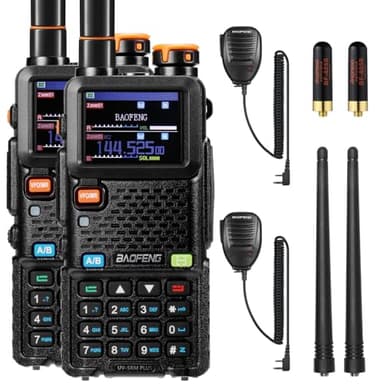 BAOFENG UV-5RM PLUS GPS Walkie Talkie, radio portátil de largo alcance y doble banda de 10W con receptor FM Airband, batería de 2500mAh y puerto USB-C, 640 canales, micrófonos con altavoz [2 unidades]