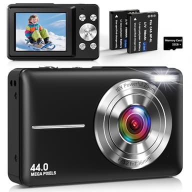 Cámara Digital Compacta Cámara de Fotos Digital 44MP 1080P con Pantalla IPS de 2,4”, Zoom Digital 16X, Antivibración, Tarjeta 32GB, 2 Baterías para Adolescentes Niños, Niñas Negro