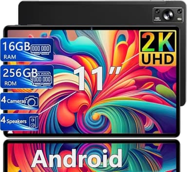 Dghrti Tablet 11 Pulgadas 16GB RAM+256GB ROM(1TB TF), 2K Pantalla 2000 * 1200 UHD, Android 13, WiFi 5G, BT 5.0, 8 Cores, 4 Altavoces, 8600mAh, 20MP+8MP, Cuerpo Metálico, con Funda, Negro