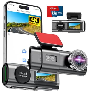 Dash CAM Coche, 4K Dashcam con Tarjeta 64G, Camara Vigilancia Coche Desmontable, Cámara Coche Grabadora, Super Visión, WiFi & App, Gran 170°, G-Sensores