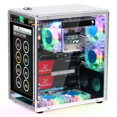 Freenove Raspberry Pi 5 Case Kit Pro (with 1x 128GB SSD), Dual M.2 NVMe SSD Slots, 5 PWM ARGB Fans Light Sync, CPU Tower Cooler, 4.3" Touchscreen, Stereo Speakers, 3.5 mm Audio