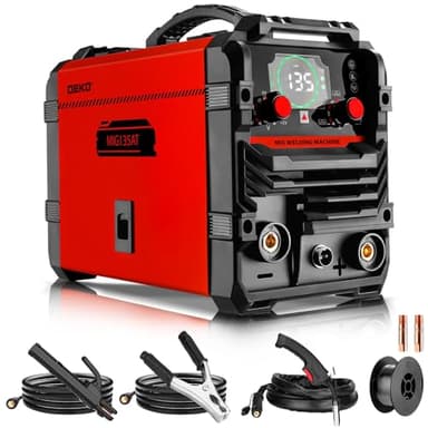 Soldador MIG 135A: DEKO 220V soldador por arco con inversor IGBT tres en uno con alambre con núcleo de flux, kit portátil, adecuado para usuarios domésticos y aficionados al bricolaje
