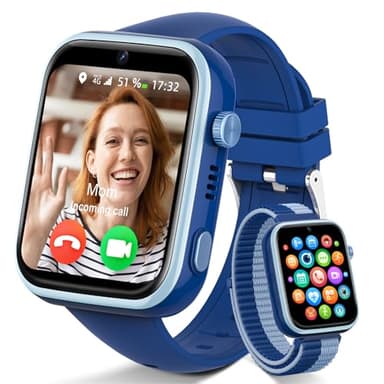 4G Reloj Inteligente Niño, Smartwatch Niños con GPS y Llamadas, Videollamadas, Chat de Voz, SMS, WhatsApp, SIM, SOS, Modo Escuela, WiFi, Localizador, Podómetro IP68 Reloj Niño y Niñas Azul Regalo