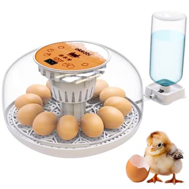 Okkobi M12 - Incubadora Huevos Gallina Automática - Volteo Automático y Control de Humedad - Chocadeira Ovos Automática - 12/24 huevos, Vista 360°, fácil de usar y limpiar - Blanco y naranja
