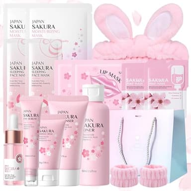 Set de Cuidado Facial Sakura 15 Piezas,con Limpiador,Tonico Facial,Crema facial,Esencia,Esencia ocular,Máscara para dormir,Mascarilla de barro,Mascarilla facial,Mascarilla labial y Accesorios