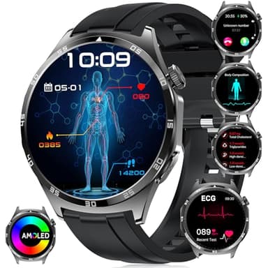 2025 ECG Reloj Inteligente con 𝐆𝐥𝐮𝐜𝐨𝐬𝐚/HRV/Ácido Úrico/Lípidos/BMI, 1.43" AMOLED Smartwatch Always-On Display con 24/7 Presión Arterial, Temperatura Corporal Pulsera Actividad para Android iOS