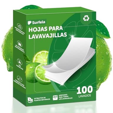 Surfela Hojas para Lavavajillas Detergente -100 Lavados, Sin Plástico y Sostenibles, Limpieza Potente con Enzimas Proteasas contra Proteínas y Grasas, Reemplazo Ecológico de Pastillas Lavavajillas