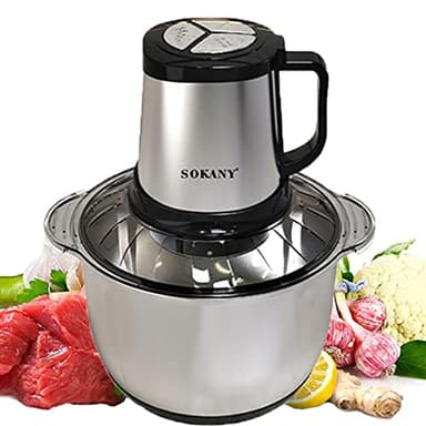 SOKANY Picadora Eléctrica Picadora de Carne y Verduras Eléctrica Trituradora de Alimentos de Acero Inoxidable, Picadora Batidora Eléctrica de Cocina 4 Cuchillas y 2 Velocidades (SK-7015, 800W, 5L)