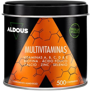 Multivitaminas Mujer y Hombre - 500 comprimidos + 1 año - Multivitaminico: Vitamina C, D, E, A, Vitaminas B, Biotina, Acido Folico, Calcio, Zinc, Selenio - Complejo Vitaminico Completo - ALDOUS