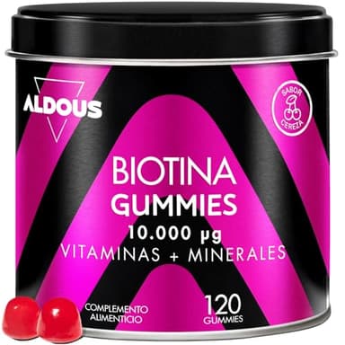 Biotina Gummies 10.000 mcg - 120 Gummies - Sabor Cereza - Gominolas para el Pelo - Acido Folico, Zinc, Selenio, Yodo + Vitaminas - Biotina para el Cabello - Vitaminas Pelo Piel y Uñas - Multivitaminas