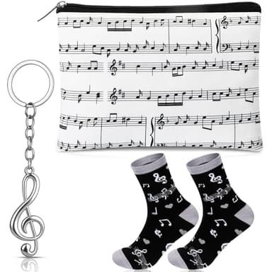 Xuniea Set de Regalo Musical de 3 Piezas Bolsa de Cosméticos Divertida Calcetines Llavero con Notas Musicales Regalo de Cumpleaños y Navidad para Músicos, Amantes y Estudiantes de Música