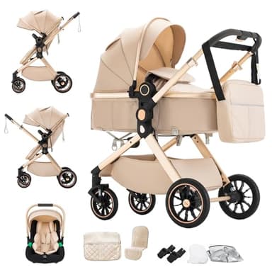 BEBBY Cochecito de bebé 3 en 1,Carrito Bebe 3 en 1 Con Asiento, Cochecitos Portátil Plegable Con, Carricoche Combinado Paisaje Alto Marco de Aluminio Para Recién Nacido (U9-X-BEIGE, U9-X)