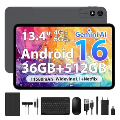 WOREGOO Tableta Android 16 de 13,4 Pulgadas, 4G LTE y Wi-Fi 5G, Tableta Octa-Core, 36GB RAM+512GB ROM (1TB TF), Pantalla 2000x1200, Widevine L1/8+13 MP/11580 mAh/GMS/GPS, con Teclado+Ratón (Gris)
