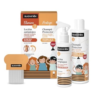Suavinex, Pack Spray Loción Antipiojos y Liendres 125 ml + Champú Protector Antipiojos 250 ml + Lendrera Metálica, Máxima Eficacia contra Piojos y Liendres, con Árbol del Té, Limpia y Suaviza, +2 Años