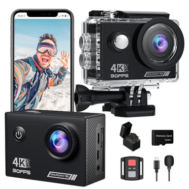 4K30FPS Cámara Deportiva con Tarjeta SD de 64GB, Pre-grabación 20MP Cámara Subacuática, 131FT Videocámara Sumergibles 2.4G Control Remoto Cámara Acuática 2 Baterías Kit de Accesorios para Casco