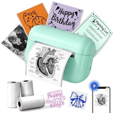 Memoking Mini Impresora térmica portátil con 3 Rollos de Papel Adhesivo, Q02E Bluetooth Impresora de Pegatinas para Estudiantes, para Notas de Estudio, Fotos, creación, anatómicos, Regalo (Verde)