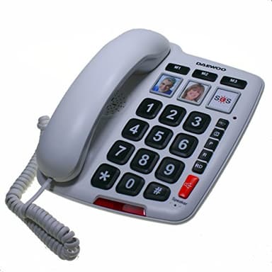 Telefono Fijo Daewoo - Telefono para Mayores - Telefono Sobremesa con Cable - Teclas Grandes, Llamada Directa 112, Manos Libres, Auricular Ajustable, 3 Memorias de Llamada con Foto, Blanco