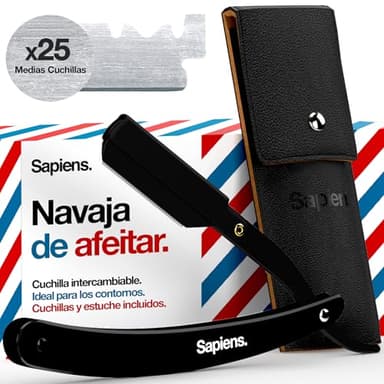 Sapiens Navaja de Afeitar - Navaja de Barbero + 25 Medias Cuchillas de Afeitar Derby + Funda Protectora - Cuchilla de Afeitar Hombre