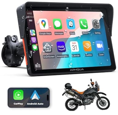 APHQUA 722 CarPlay Moto con Soporte en Forma de U, CarPlay y Android Auto Inalámbricos, Pantalla Táctil Impermeable de 7", Bluetooth, Navegación GPS, Siri y Asistente de G00gle