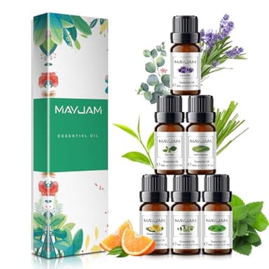 MAYJAM Set Aceites Esenciales Naturales Puros 6 x 10ml, Aceites Esenciales para Humidificador Difusor, Aceite Esencial de Eucalipto, Lavanda, Menta, Tee Tree, Naranja Dulce, Citronela