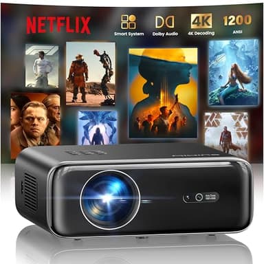Proyector 4K【1200 ANSI/Netflix Oficial/Dolby】 Smart Proyector 4K Portátil Auto Focus/Keystone WiFi Bluetooth FHD 1080P, HDR10, Proyectors WiFi6 Exterior Zoom 50% para Cine en Casa/PPT Doble HDMI/USB