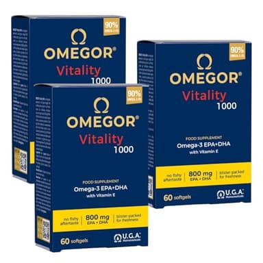 Omega 3 IFOS Certificado OMEGOR Vitality 1000 - Alta Concentración de EPA 535mg y DHA 268mg - Aceite de Pescado Omega-3 rTG de Alta Biodisponibilidad - 60 Cápsulas (Paquete de 3)