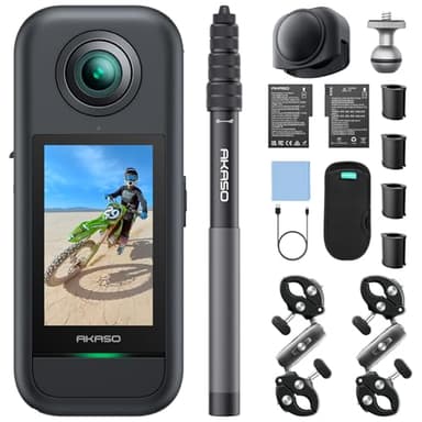 AKASO 360 Cámara de acción 360 Kit de Moto, con 128GB Tarjeta de Memoria, Sensor de 1/2", 5.7K 360, Fotos 72MP, Pantalla táctil de 2.29", Cámara Deportiva 360