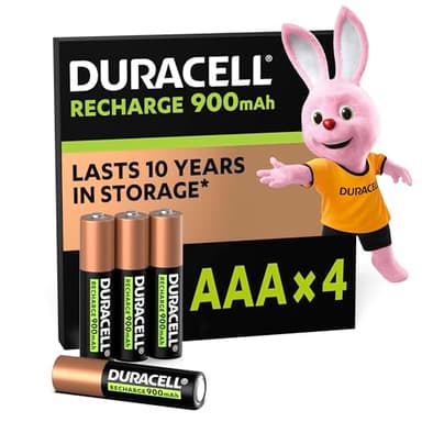 Duracell pilas recargables AAA (Paquete de 4), 900 mAh NiMH, precargadas, nuestras pilas recargables no. 1 en duración, con 0% plástico 100% embalaje reciclable