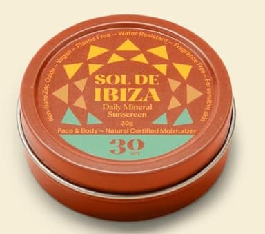Sol De Ibiza - Protector Solar Mineral SPF30 - Cara & Cuerpo - Ingredientes Naturales - Óxido de Zinc Non Nano - Vegano - Resistente al agua - Adultos & Niños NUEVA TEXTURA CREMOSA (30 gramos)