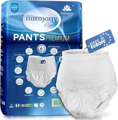 Harmony Care ® MAXI - Pañales absorbentes para adultos – Pantalones discretos para incontinencia para mujeres y hombres – Pañal para adultos, talla M, 8 unidades