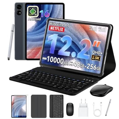 TABWEE T60 Tablet 12 Pulgadas con Teclado - Android 16, 48 GB+256 GB, 10000 mAh, 16 MP+8 MP, 1600 * 2400 QHD+, Widevine L1, Gemini AI, Face ID, GPS, Tablet con Tarjeta Sim (4 Años de Garantía)
