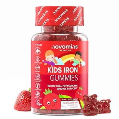 Gominolas de Hierro y Vitamina C para Niños - 30 Gominolas - Veganas y Sin Gluten Hierro Suplemento - para Energía y Sistema Inmunológico - Multivitaminas Niños - Sabor Fresa - 1 Mes - Novomins