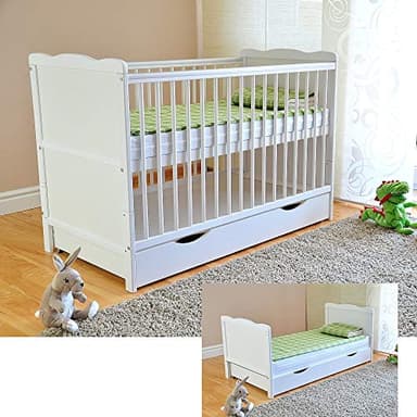 Cuna con cajón y tapa, con colchón de espuma de aloe vera, altura regulable, color blanco, convertible en cama infantil