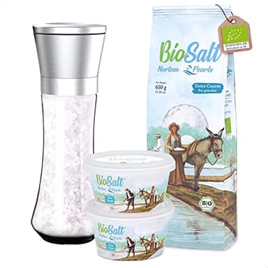 BioSalt Sal Marina Virgen Ecológica Pack Sal Fina 2 x 200 g + Extra Gruesa 650 g + Molinillo Gratis - Sal Gourmet de Cádiz sin Refinar Cocina Saludable + eBook Recetas