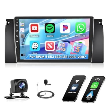 Hikity 2G+64G Radio Pantalla para BWM X5 E53 E39 M5 E38 1996-2007 Inalámbrica Carplay Android Auto, 9 Pulgadas Pantalla Android 15 Radio con GPS Bluetooth WiFi DSP FM RDS SWC Mic Cámara Trasera