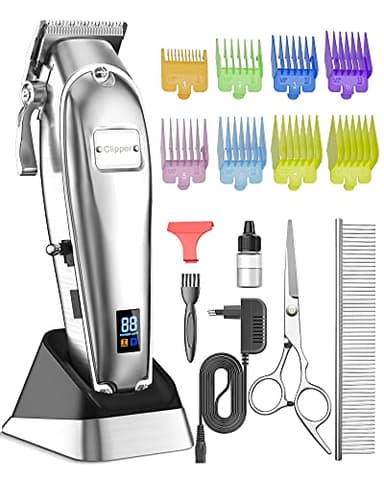 oneisall Esquiladora profesional para perros de pelo grueso con base, máquina eléctrica para perros con 6500 rpm, potente motor para pelo grueso, largo y rizado (plateado)