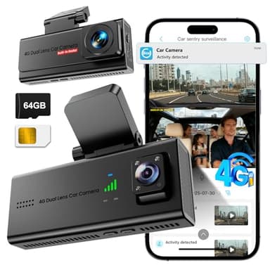 Dashcam, Veralyxa 4G LTE Dash CAM Coche con SIM, Camara Coche sin WiFi con Tarjeta 64G, Remoto Live-App, Audio Bidireccional, 170° Visión, GPS, Detección Movimiento/Colisión, Monitor de Aparcamiento