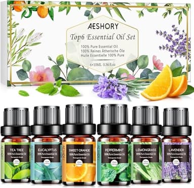 AESHORY Aceites Esenciales para Humidificador TOP 6 x 10ML, Aceite Aromáticos Natural, Set de Aceites Esenciales Aromaterapia para Difusor, SPA - Lavanda, Menta, Árbol de Té, Eucalipto, Naranja Dulce
