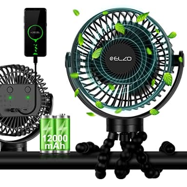 ELZO 12000 mAh Ventilador de Cochecito Silencioso, Portátil Con 3 Velocidades, Giratorio 360°, Recargable USB Para Oficina, Asiento de Coche