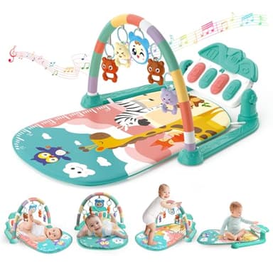 KalaDuck Gimnasio Bebé Montessori 0-6 Meses, Manta Juegos Bebe con Musical de Piano Ajustable y Sonajero, Tapete de Actividades para Caminar, Juguetes Alfombra Sensorial Bebé 6-12 Meses (Verde)