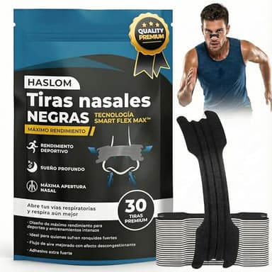 Haslom® 30 TIRAS NASALES Deportivas PREMIUM, Antironquidos, tiras nasales para dormir, respirar mejor por la nariz, Nasal Strips, tiritas nariz respirar, Máxima Adhesión para Deporte y Dormir.