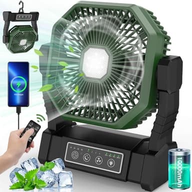 BIBURY Camping Ventilador con Luz LED, Recargable para Tienda de Campaña al Aire Libre con Gancho y Remoto, Ventilador de Escritorio USB Potente de 4 Velocidades para Pesca, Picnic (Verde-negro)