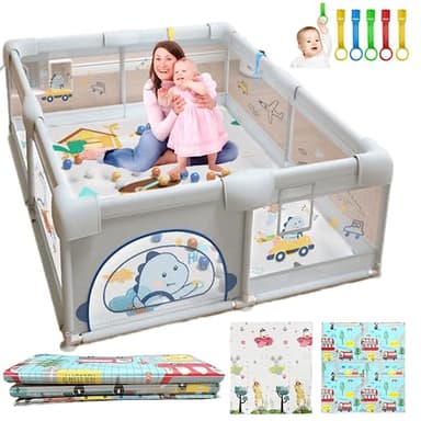 PARVULI Parque Infantil Bebe 120x120cm - Corralito Bebe con 6 agarraderas y Alfombra de Juegos Acolchada - Parque Bebes para Casa Plegable con Malla Transpirable y Vayas con Protecciones