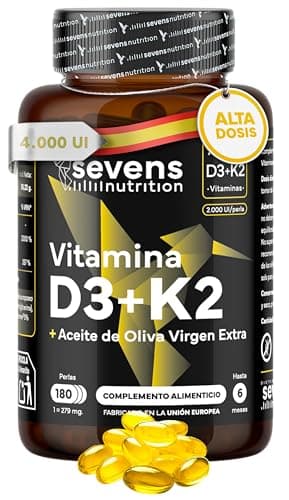 Vitamina D3 y K2 4000 UI + 200 µg de Vitamina K2 MK7 con Aceite de Oliva Virgen Extra – Alta Biodisponibilidad de MK 7 - Suplemento Vit D para la Salud Inmunológica, Huesos y Músculos - Sin Gluten